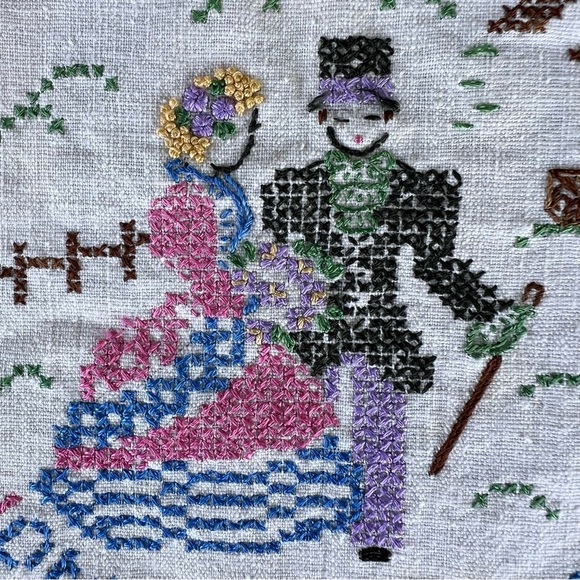 Vintage Home Sweet Home Colonial Couple Cross Stitch Embroidery Sampler 11x12 - Picture 3 of 8